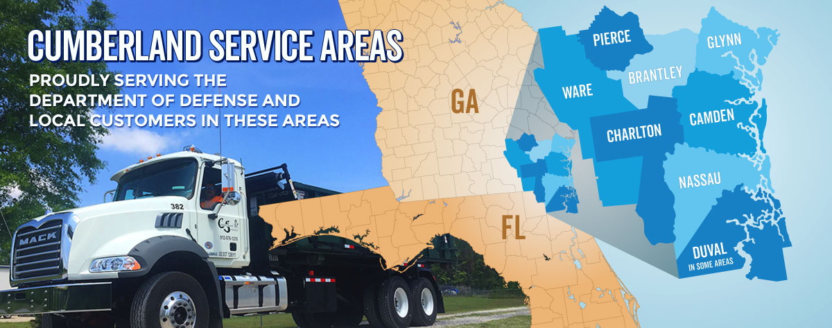 Cumberland Services Area Map showing counties and surrounding areas served in Georgia and Florida